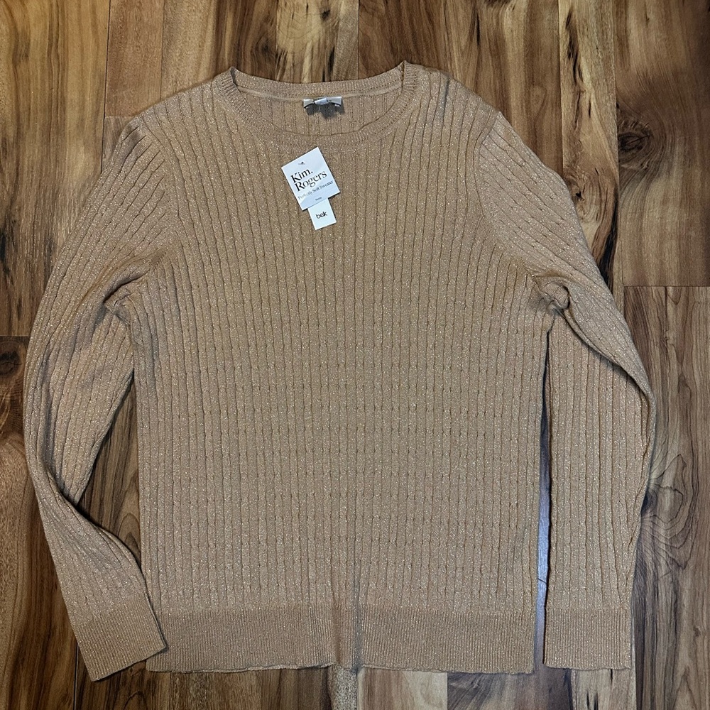 Kim Rogers Womens Petite L Tan Metallic Cable Knit Sweater Crew Neck NWT Shimmer